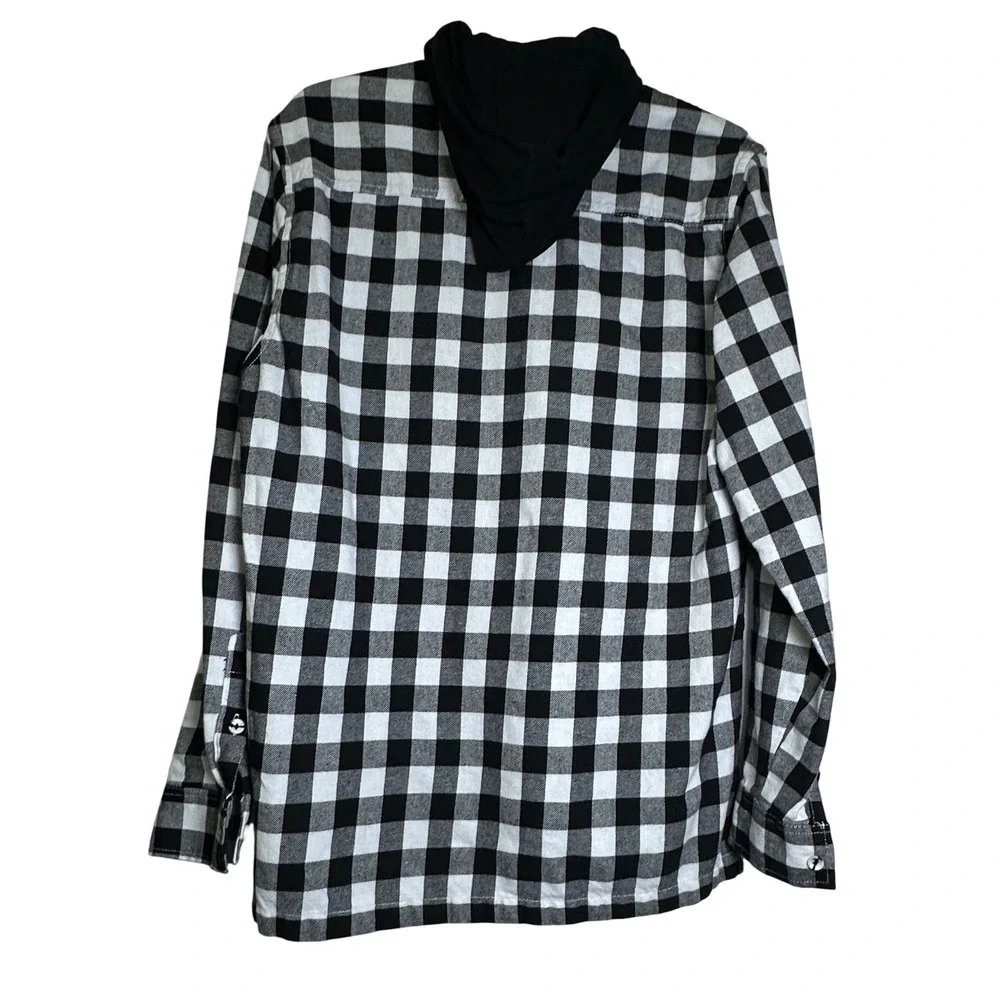 MONUMENT Mens Flannel Shirt Hooded Buffalo Plaid Black/White Lg‎ Cozy Streetwear